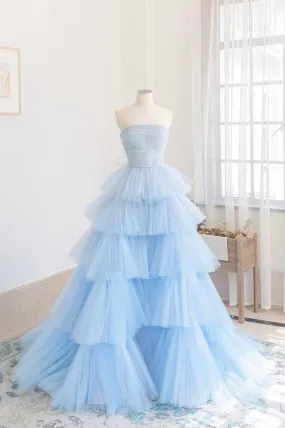 Blue Strapless Tulle Layers Long Prom Dress, A-Line Evening Dress