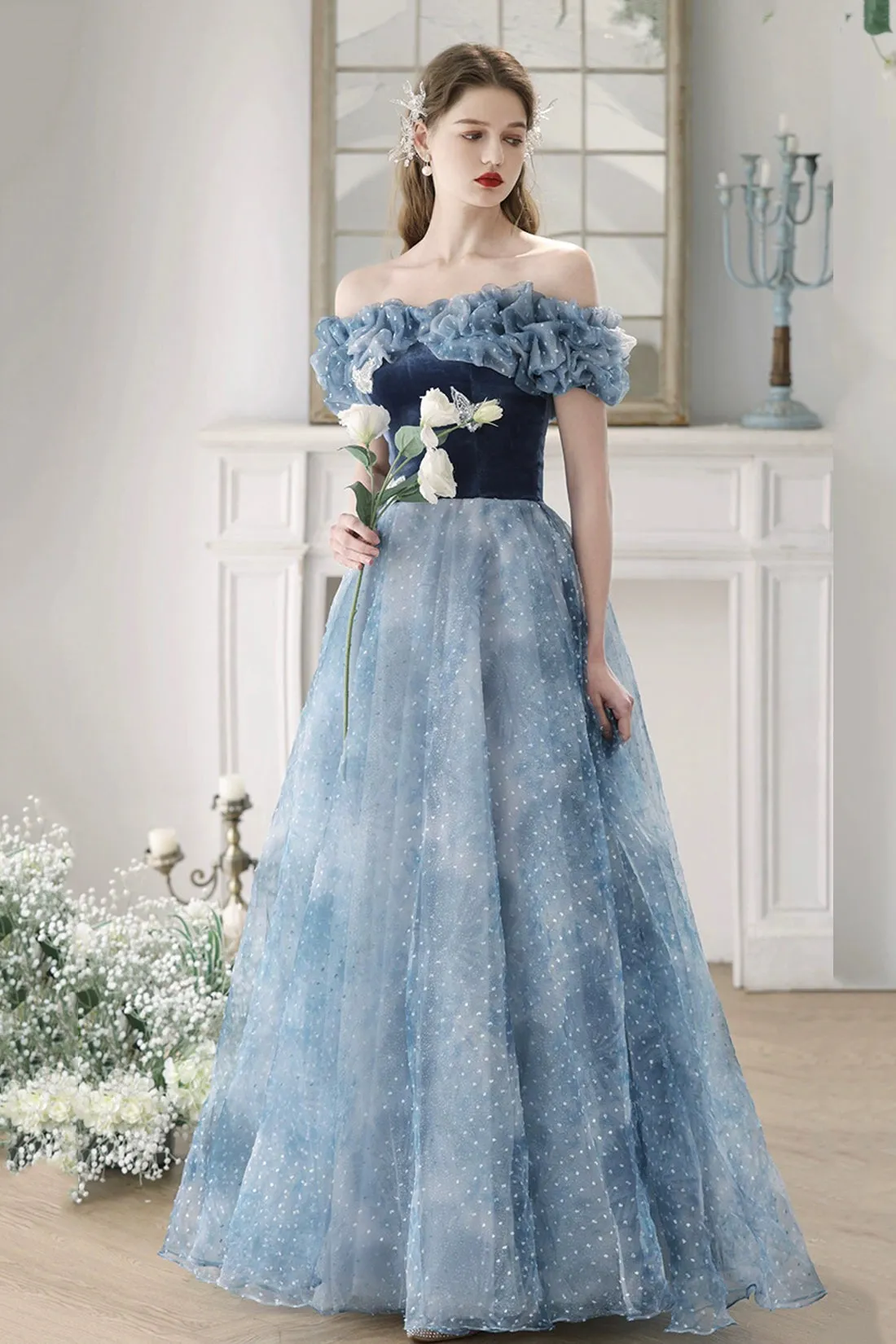 Blue Velvet and Tulle Floor Length Prom Dress, Beautiful Off the Shoulder Evening Party Dress