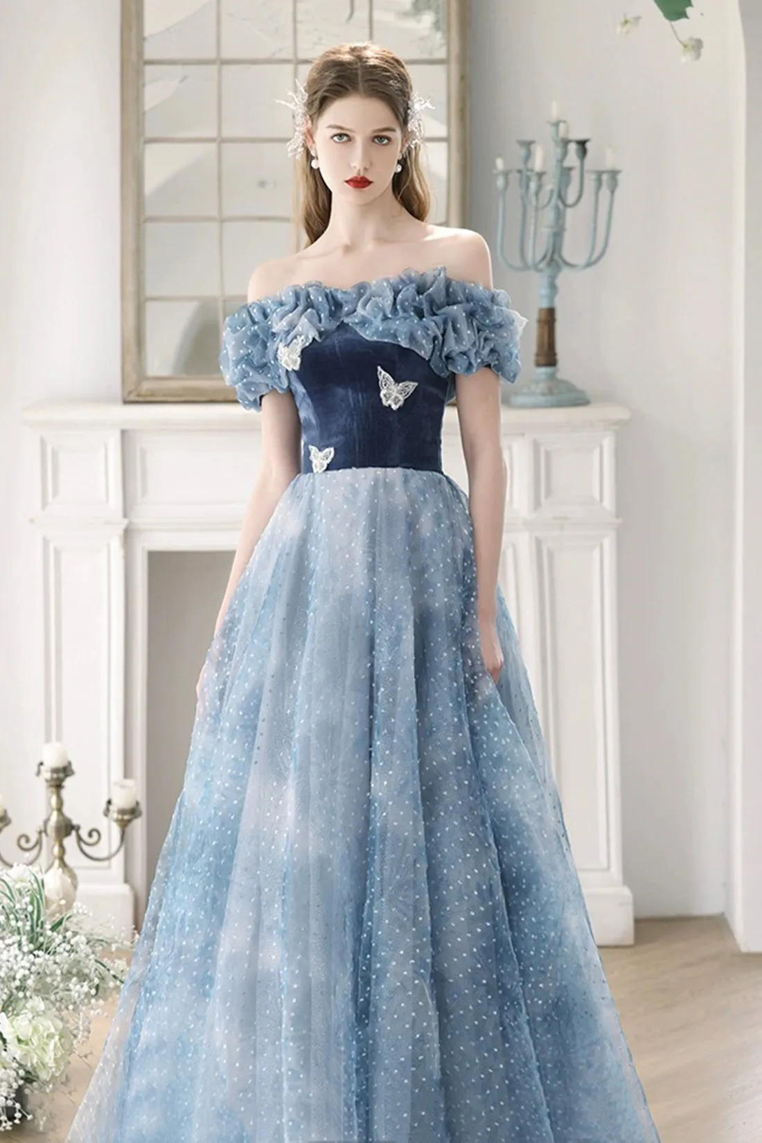 Blue Velvet and Tulle Floor Length Prom Dress, Beautiful Off the Shoulder Evening Party Dress