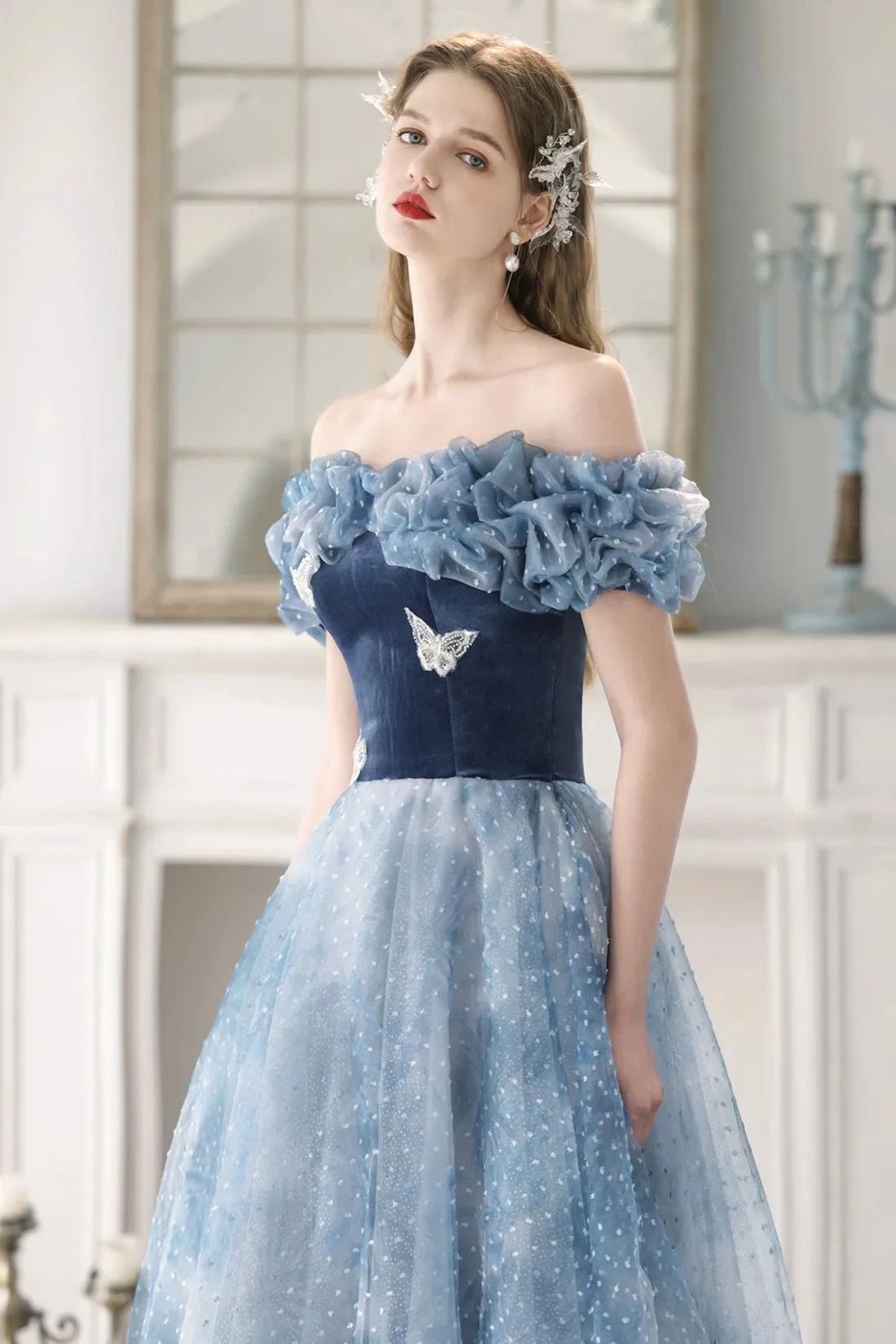 Blue Velvet and Tulle Floor Length Prom Dress, Beautiful Off the Shoulder Evening Party Dress