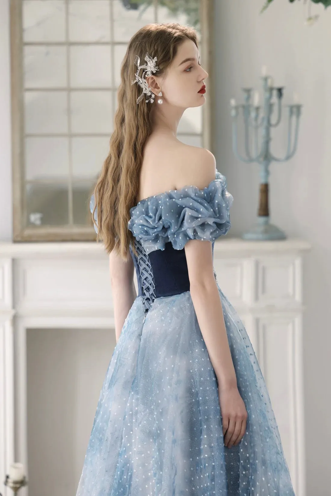 Blue Velvet and Tulle Floor Length Prom Dress, Beautiful Off the Shoulder Evening Party Dress