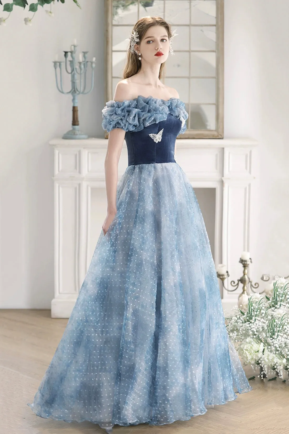 Blue Velvet and Tulle Floor Length Prom Dress, Beautiful Off the Shoulder Evening Party Dress