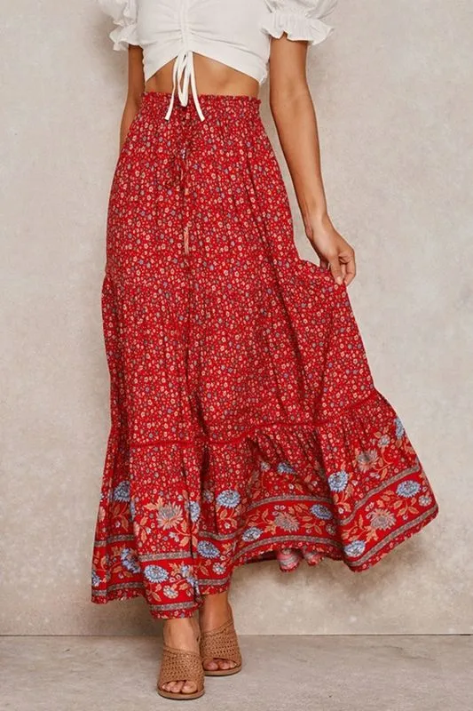 Boho Ditsy Summer Maxi Skirt - Red