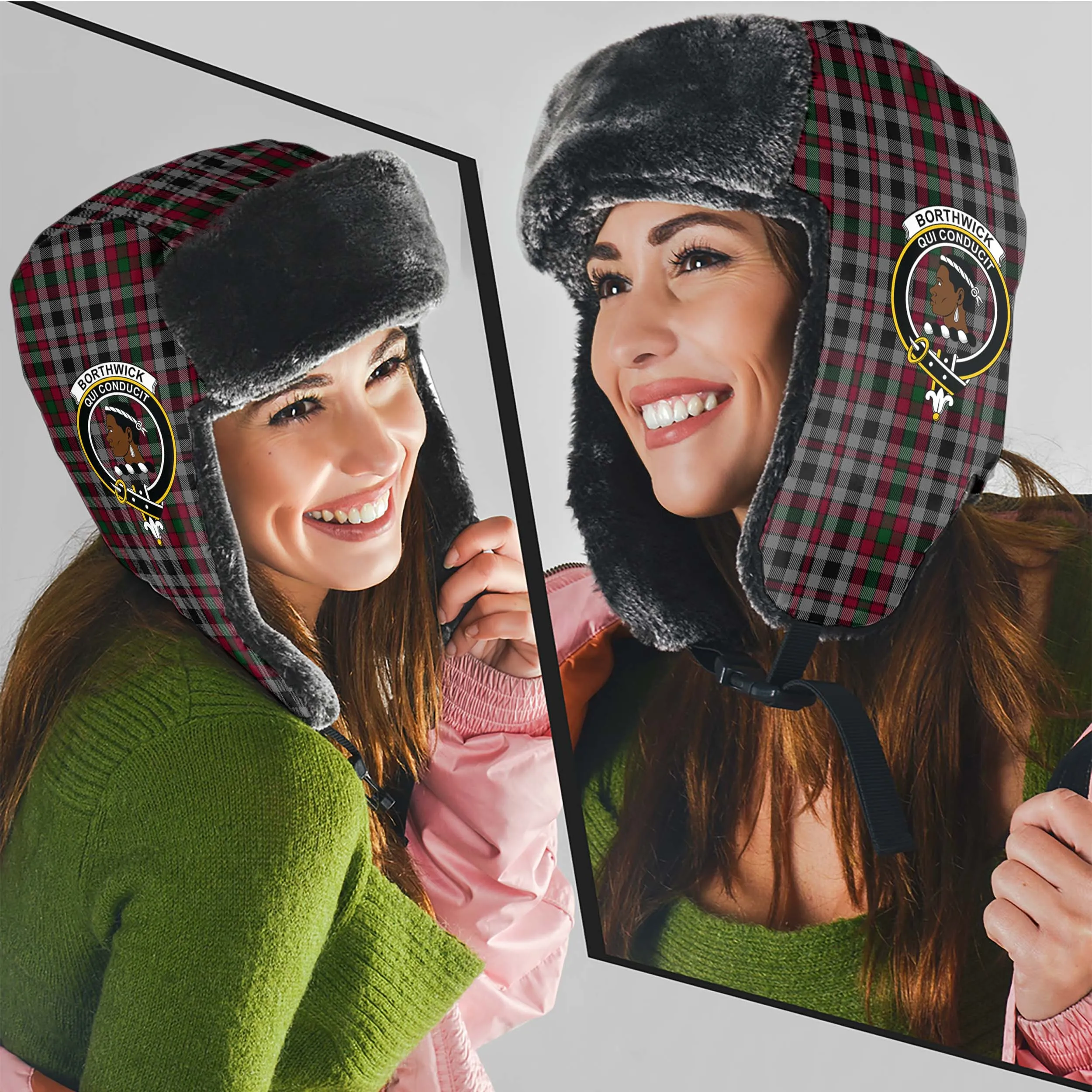 Borthwick Tartan Winter Trapper Hat with Family Crest