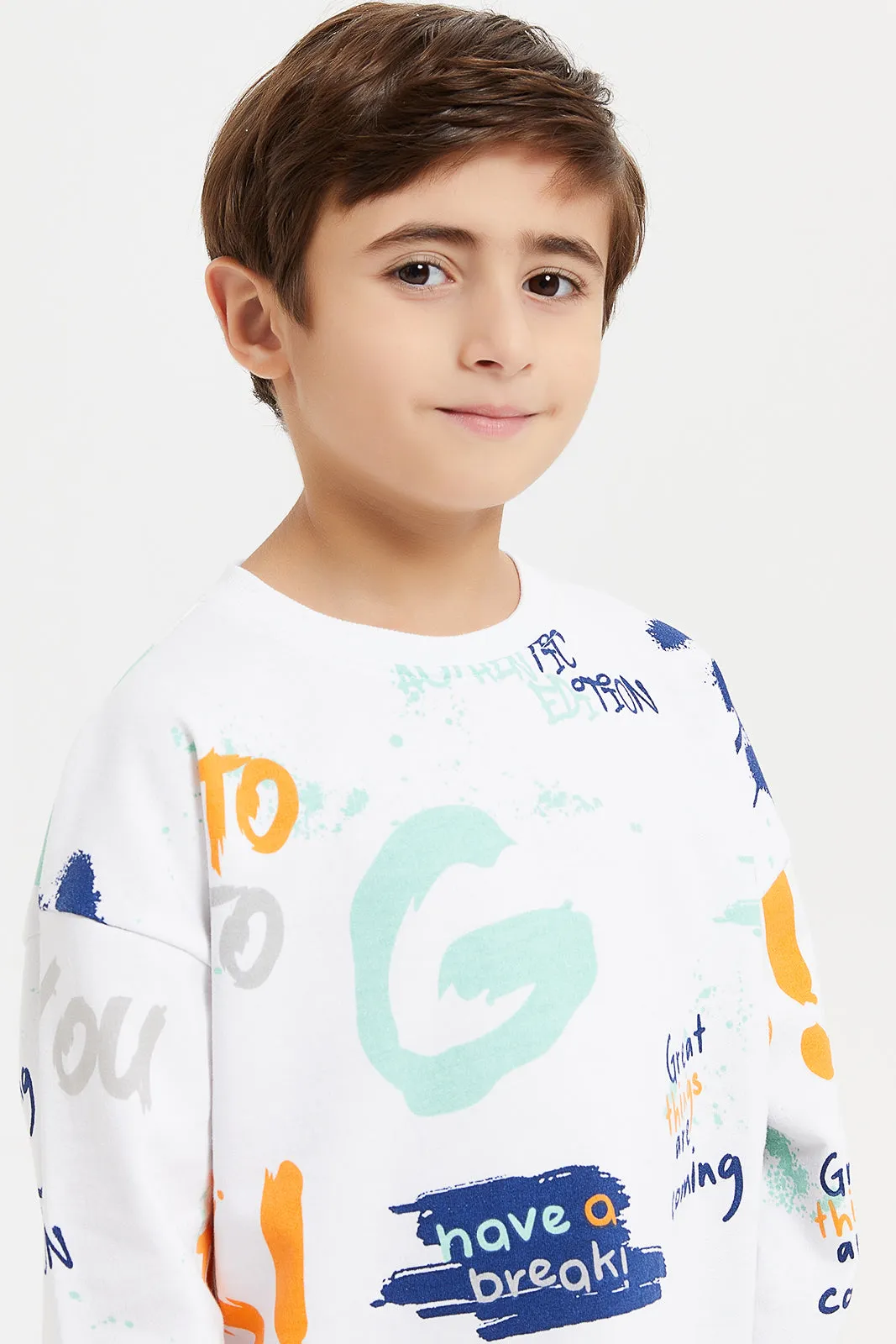 Boys White Print Oversize Sweatshirt