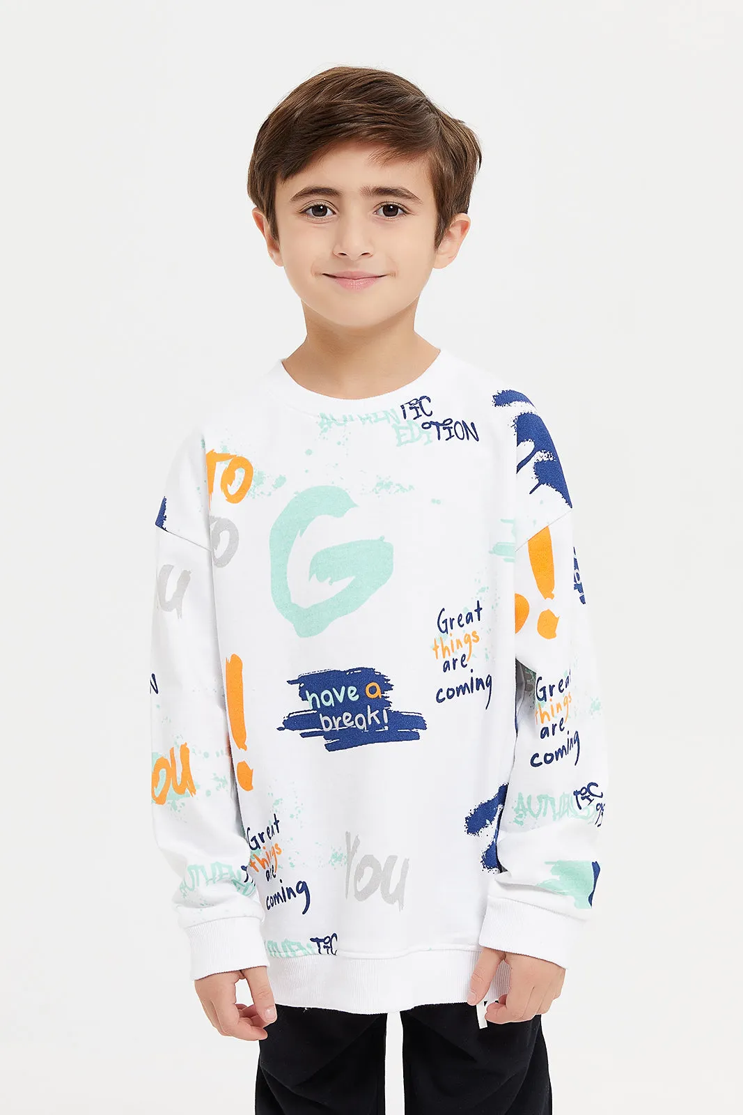 Boys White Print Oversize Sweatshirt