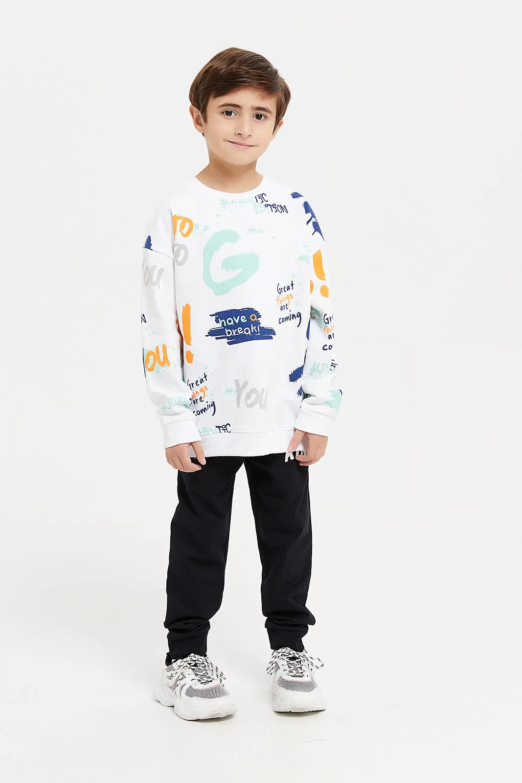 Boys White Print Oversize Sweatshirt