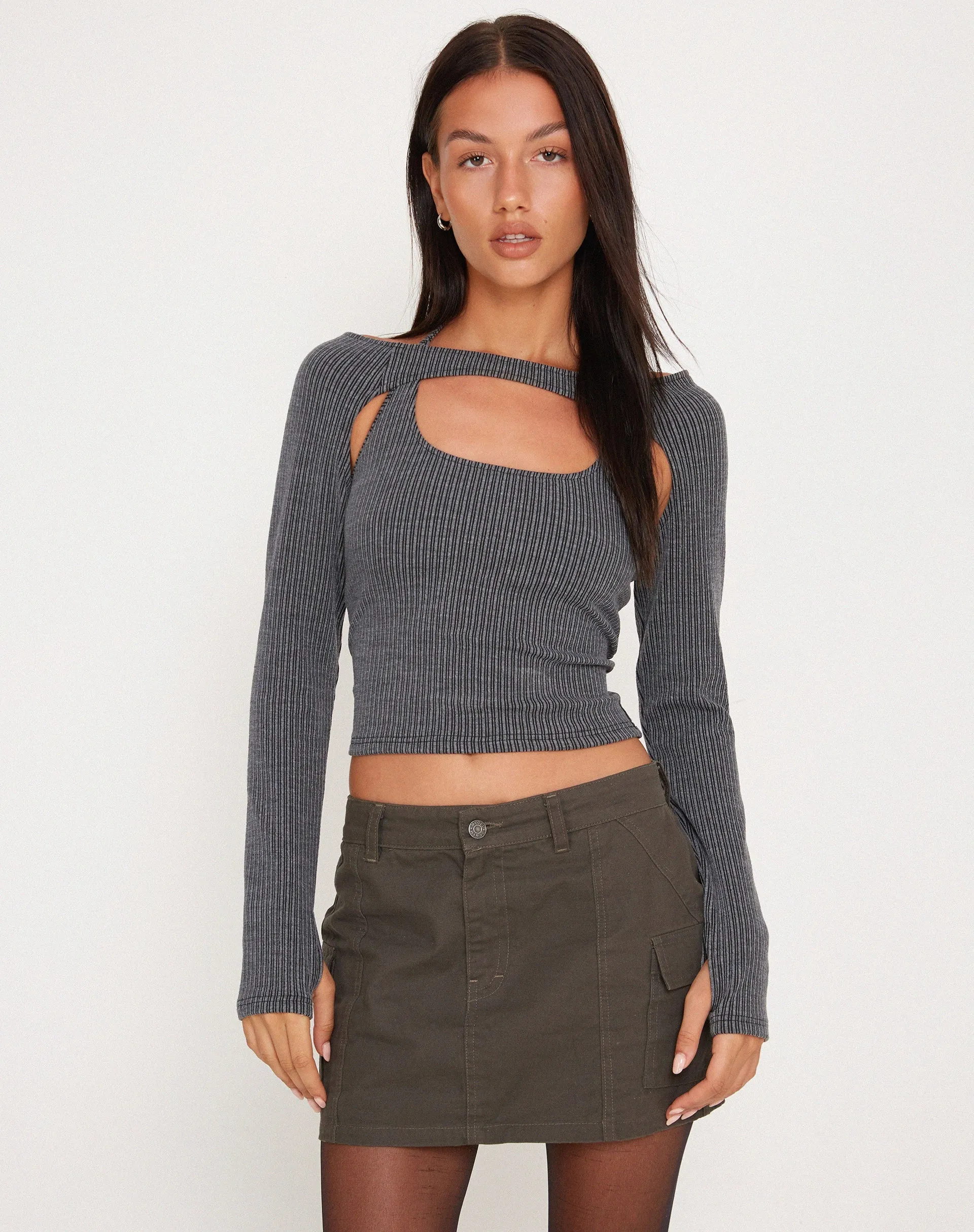 Brandy Long Sleeve Top in Two Tone Rib Charcoal