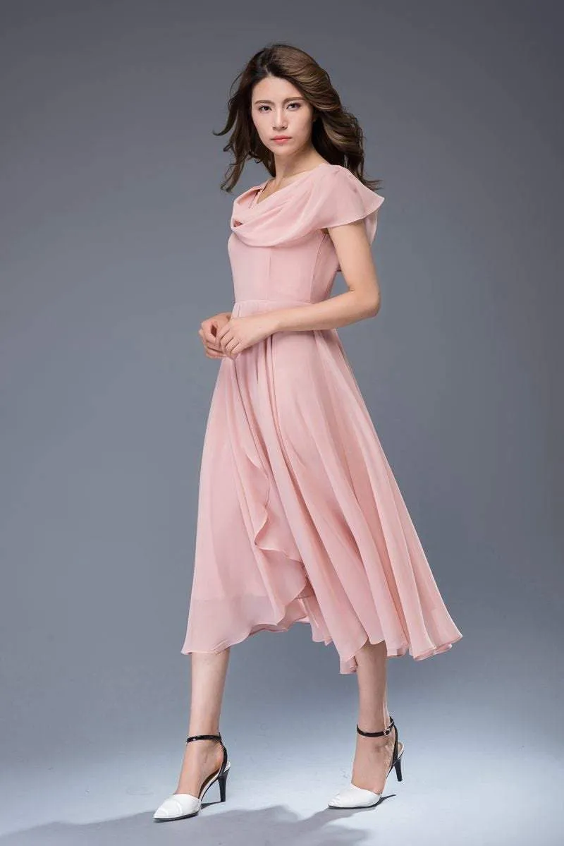 bridesmaid dress, chiffon dress, pink dress, midi dress, womens dresses, prom dress, fit and flare dress, wedding dress, evening dress C943