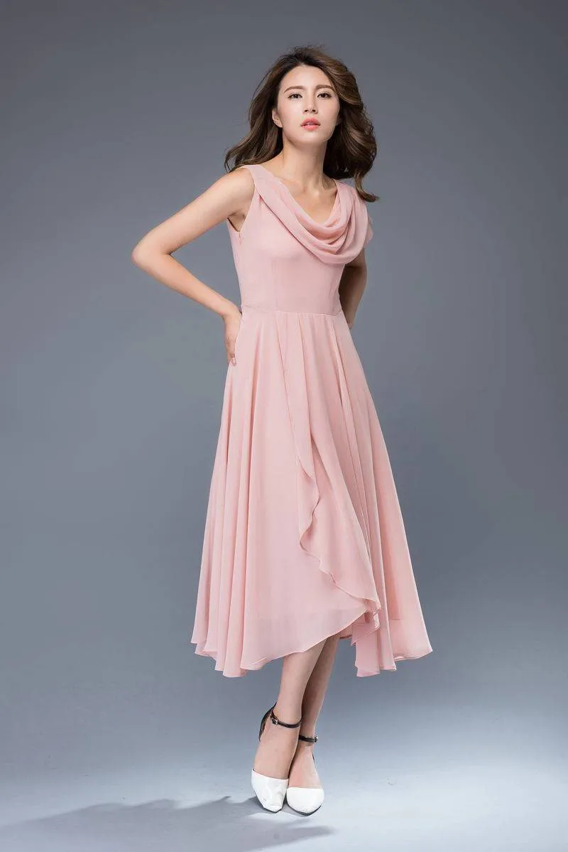 bridesmaid dress, chiffon dress, pink dress, midi dress, womens dresses, prom dress, fit and flare dress, wedding dress, evening dress C943