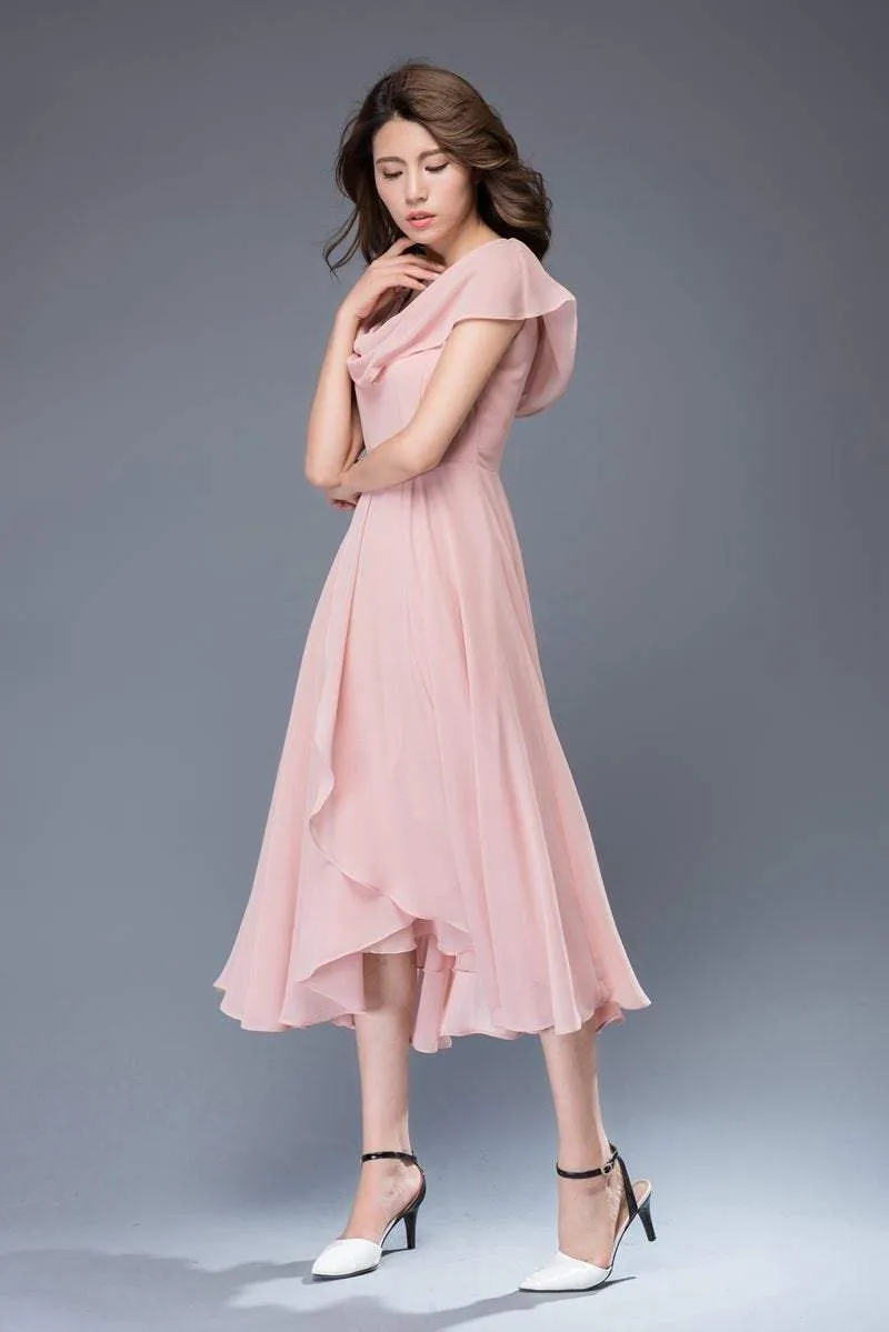 bridesmaid dress, chiffon dress, pink dress, midi dress, womens dresses, prom dress, fit and flare dress, wedding dress, evening dress C943