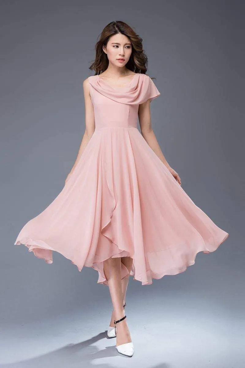 bridesmaid dress, chiffon dress, pink dress, midi dress, womens dresses, prom dress, fit and flare dress, wedding dress, evening dress C943