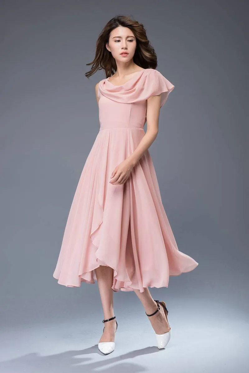 bridesmaid dress, chiffon dress, pink dress, midi dress, womens dresses, prom dress, fit and flare dress, wedding dress, evening dress C943