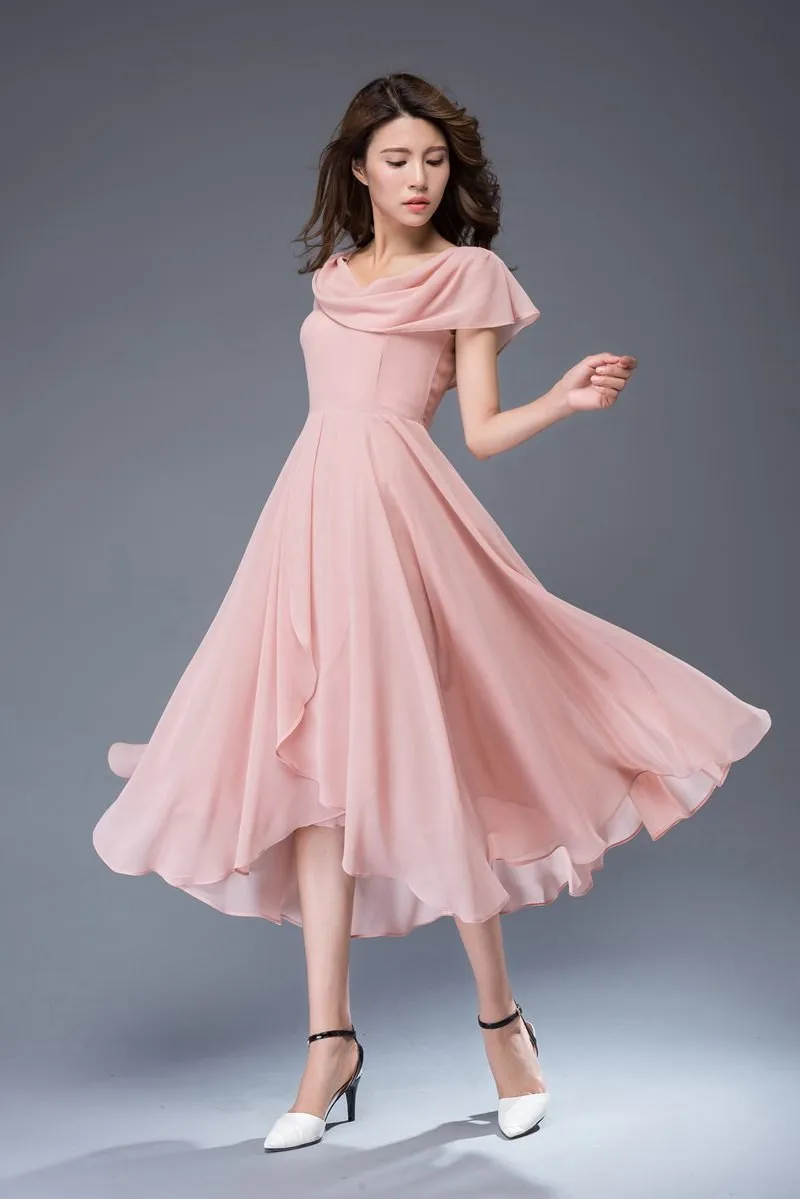 bridesmaid dress, chiffon dress, pink dress, midi dress, womens dresses, prom dress, fit and flare dress, wedding dress, evening dress C943