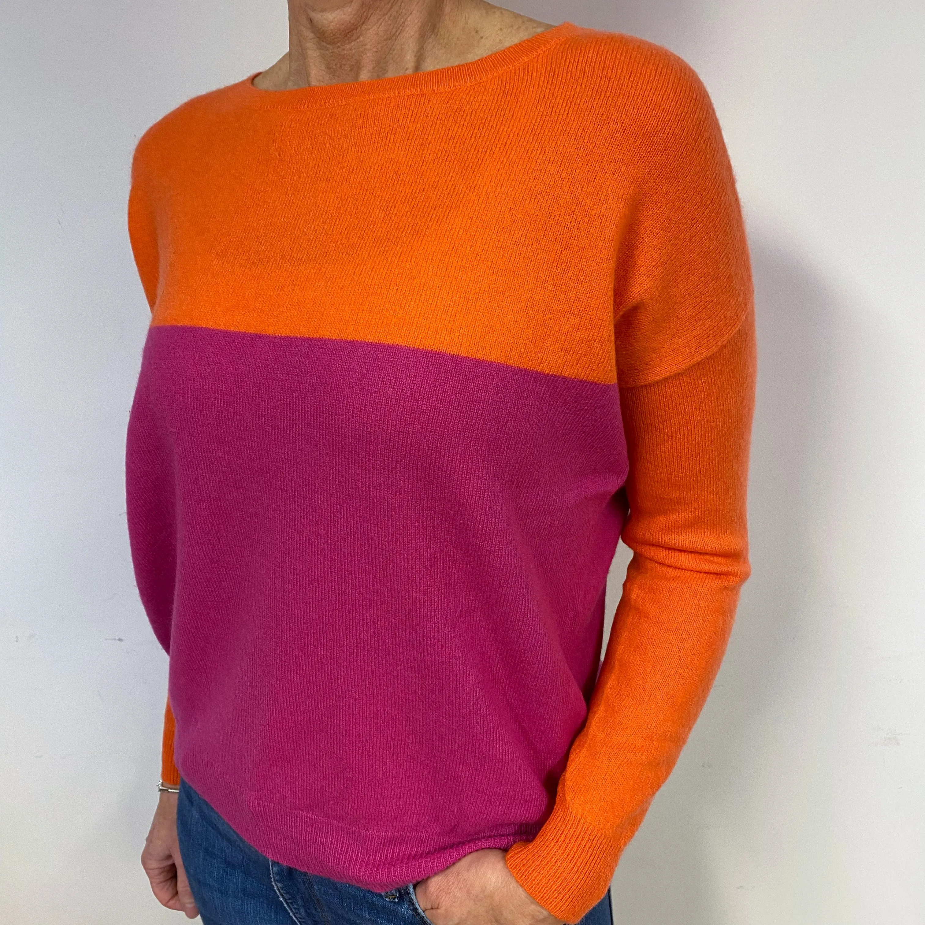 Bright Orange and Pink Cashmere Crew Neck Jumper Medium