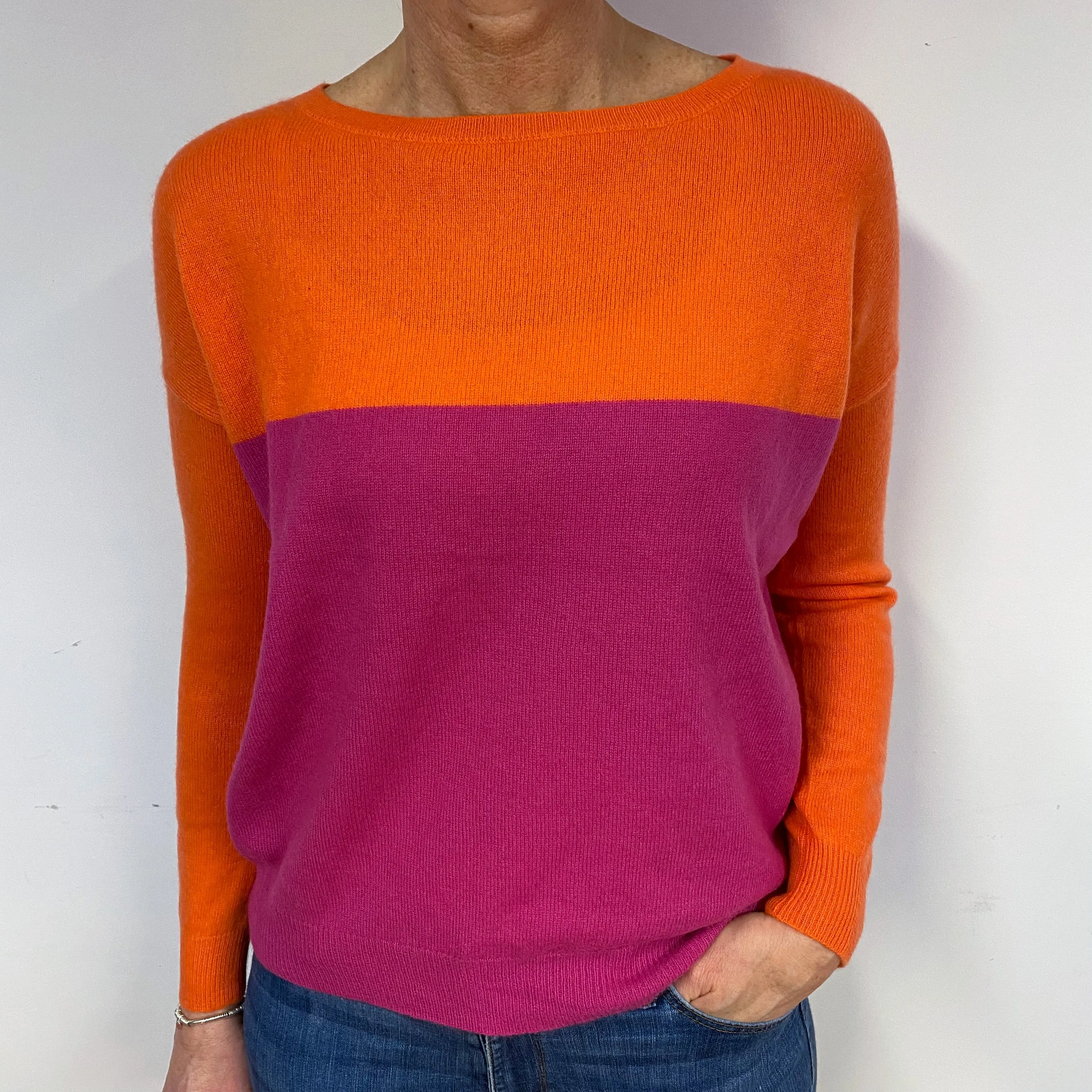 Bright Orange and Pink Cashmere Crew Neck Jumper Medium