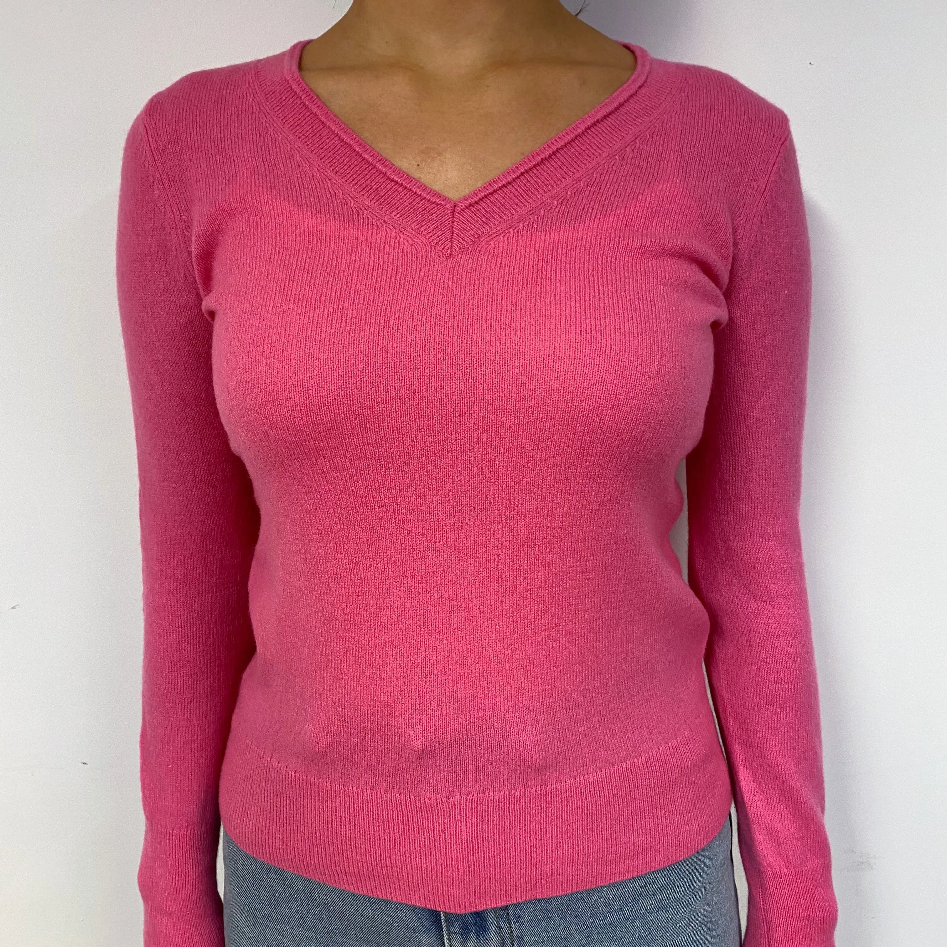 Bright Pink Cashmere V-Neck Jumper Small