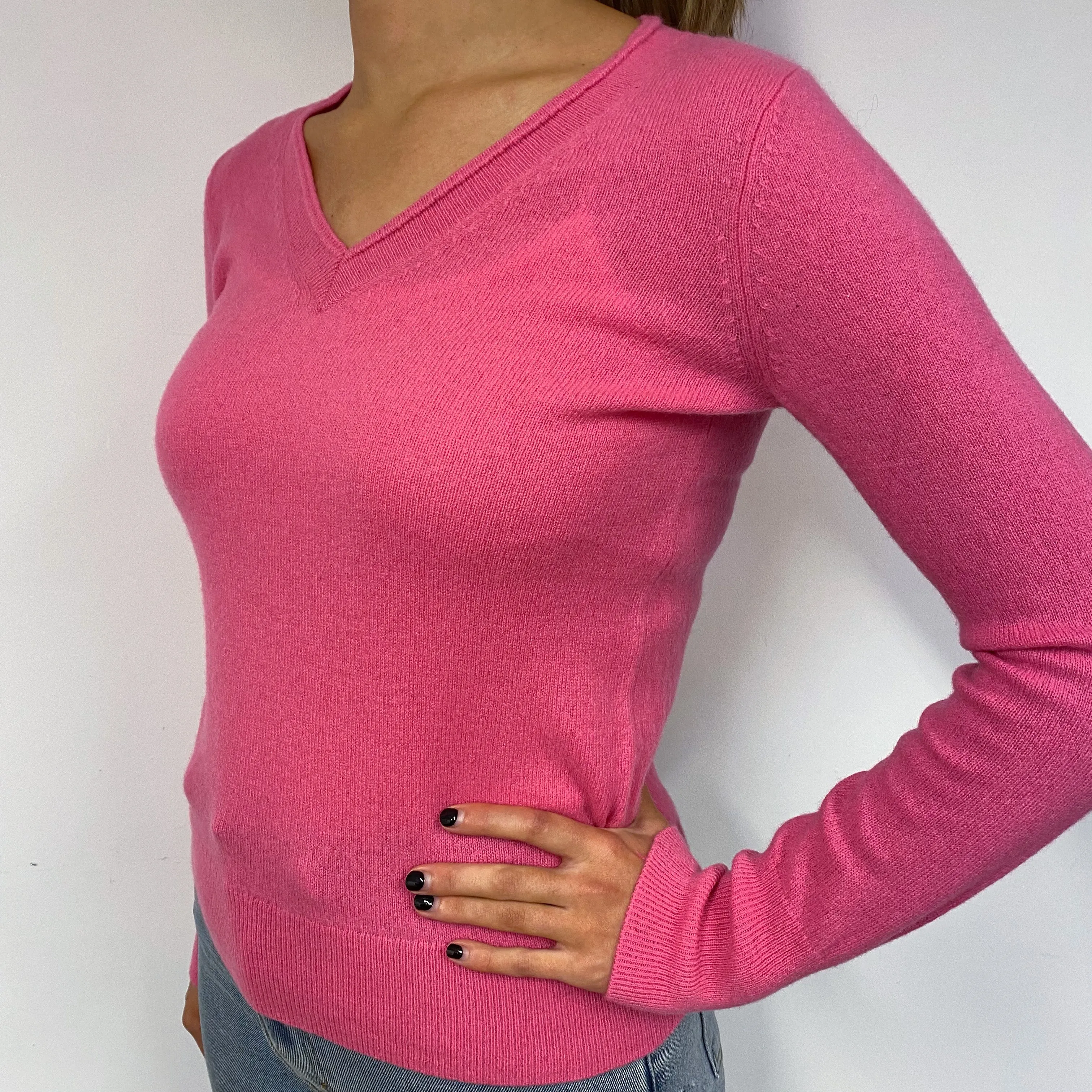 Bright Pink Cashmere V-Neck Jumper Small