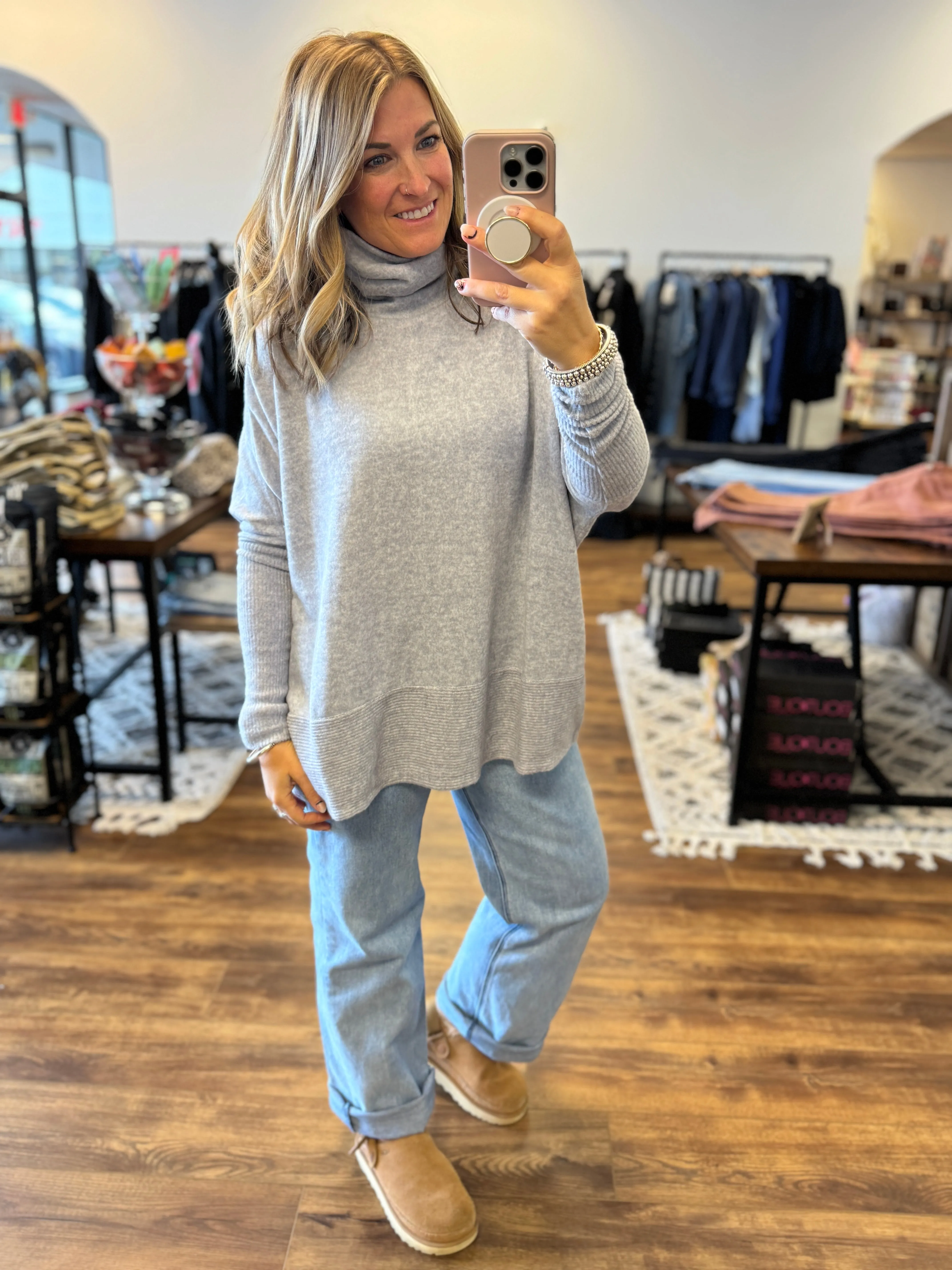 Brushed Melange Turtleneck Poncho Pullover - Heather Grey