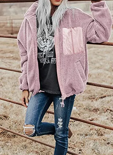 BTFBM Women Long Sleeve Full Zip Jackets Casual Solid Color Loose Fleece Short Teddy Coats Jacket Outerwear With Pockets(Solid Pink, Large)