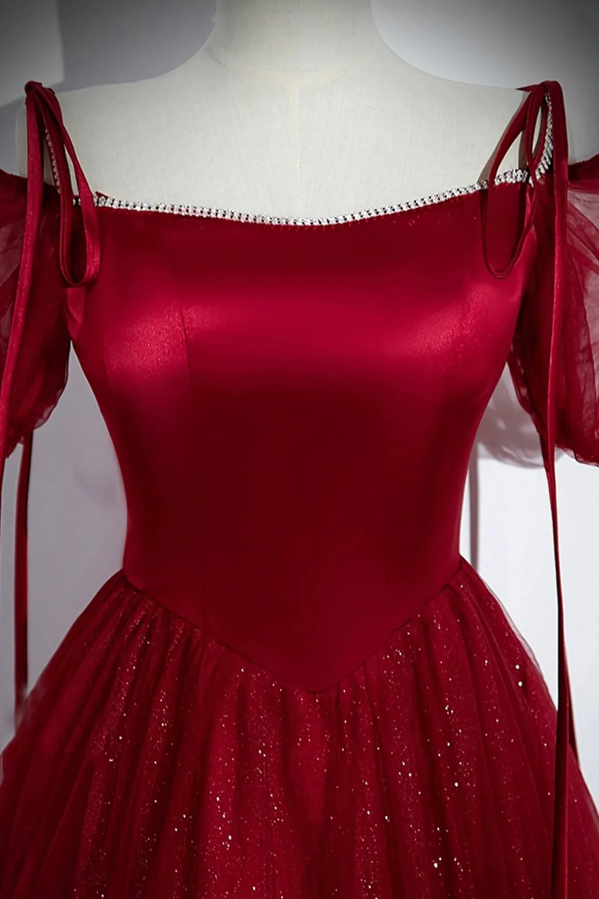 Burgundy Satin Tulle Long Prom Dress, A-Line Off the Shoulder Party Dress