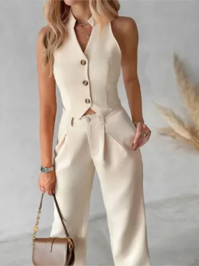 Buttoned Vest Top & Pocket High Waist Wide Straight Leg Pants