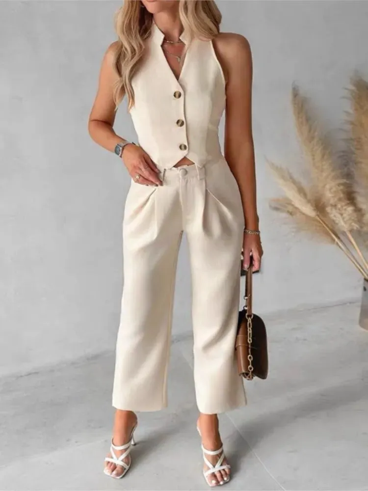 Buttoned Vest Top & Pocket High Waist Wide Straight Leg Pants