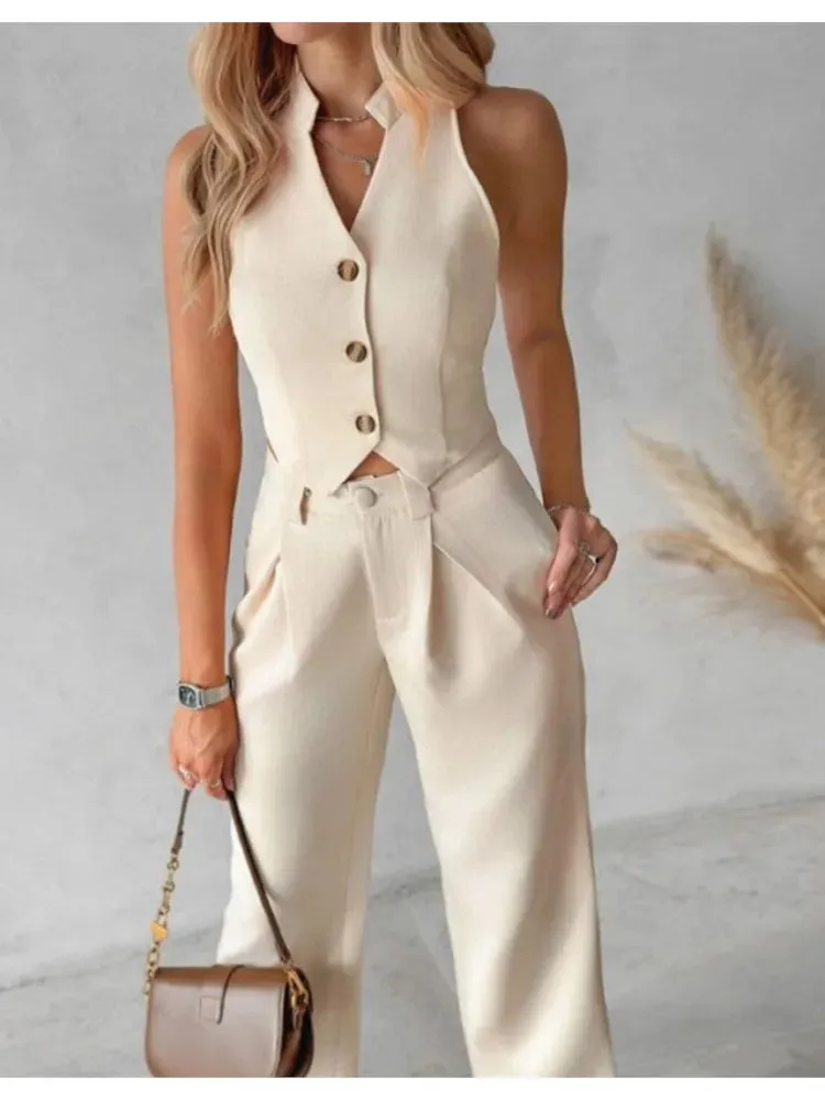 Buttoned Vest Top & Pocket High Waist Wide Straight Leg Pants