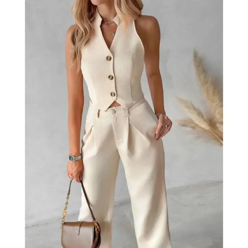 Buttoned Vest Top & Pocket High Waist Wide Straight Leg Pants