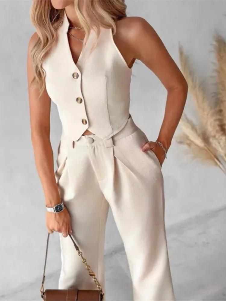 Buttoned Vest Top & Pocket High Waist Wide Straight Leg Pants