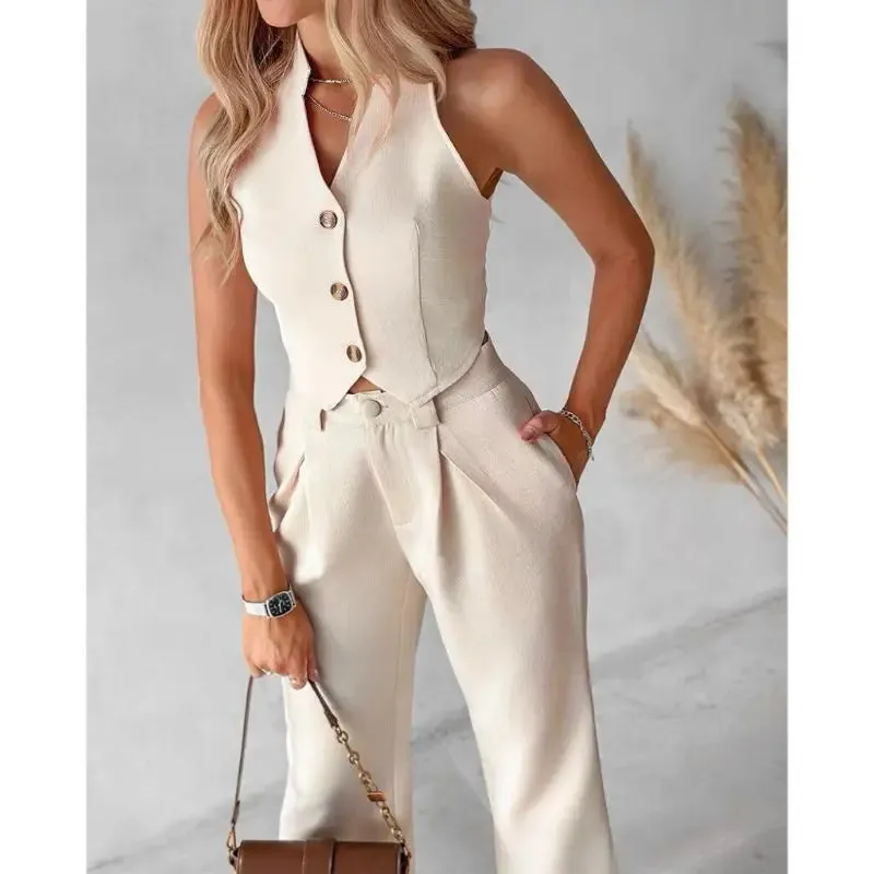 Buttoned Vest Top & Pocket High Waist Wide Straight Leg Pants