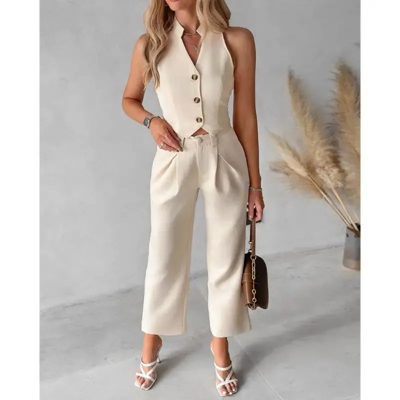 Buttoned Vest Top & Pocket High Waist Wide Straight Leg Pants