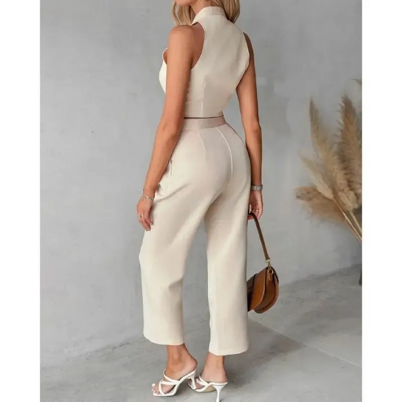 Buttoned Vest Top & Pocket High Waist Wide Straight Leg Pants