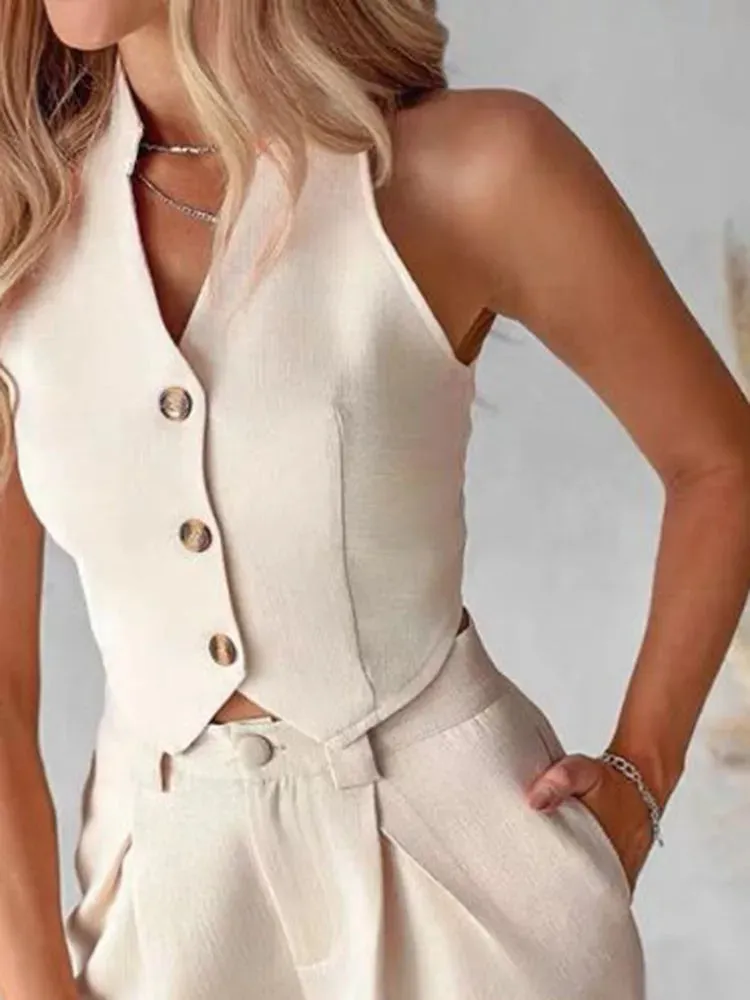 Buttoned Vest Top & Pocket High Waist Wide Straight Leg Pants