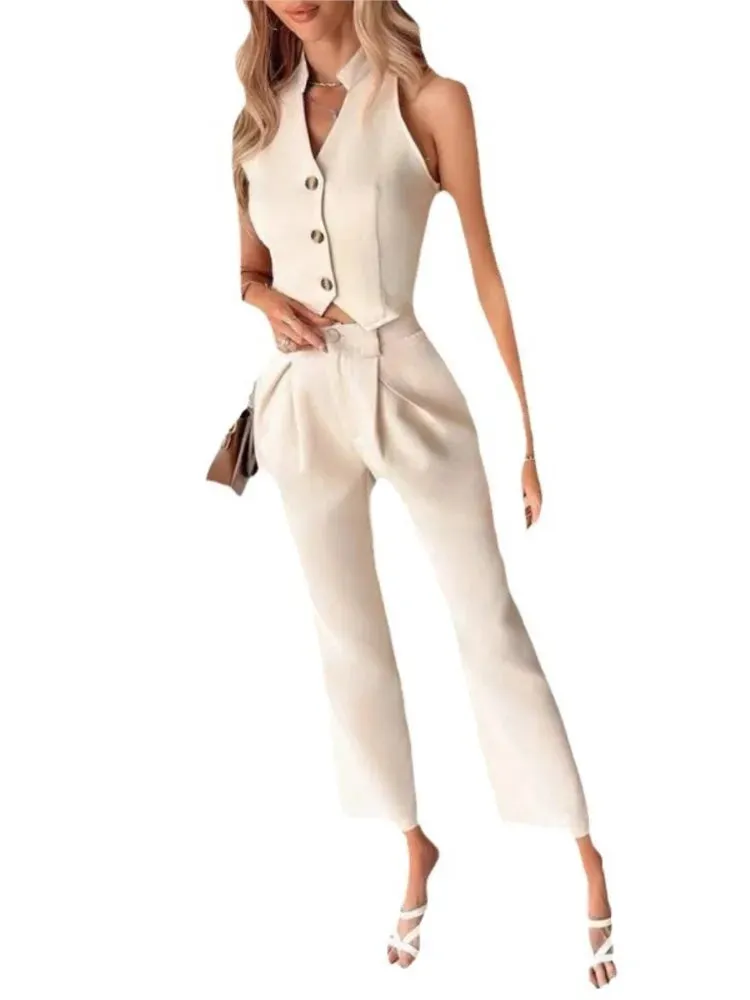 Buttoned Vest Top & Pocket High Waist Wide Straight Leg Pants