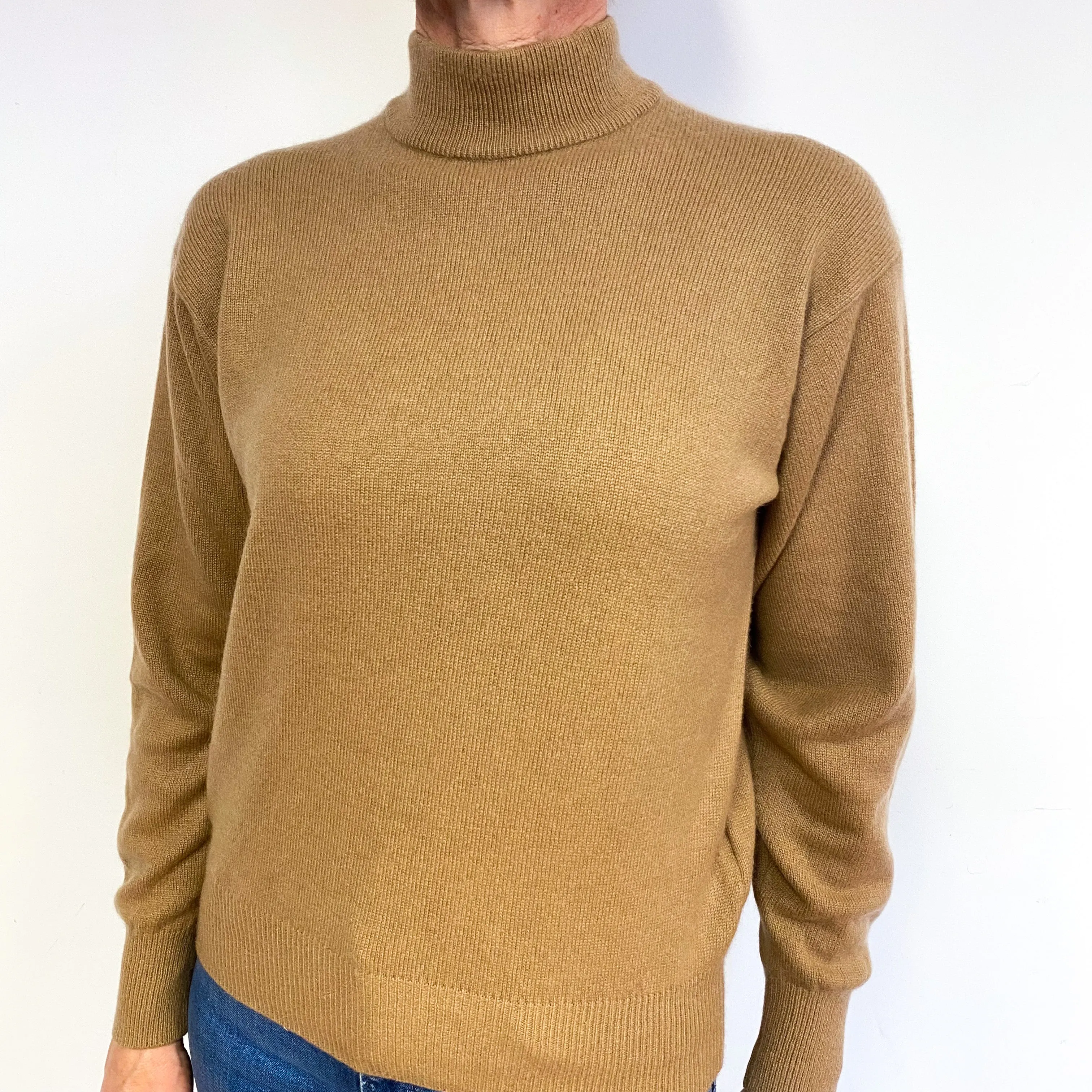 Camel Brown Cashmere Turtle Neck Jumper Medium