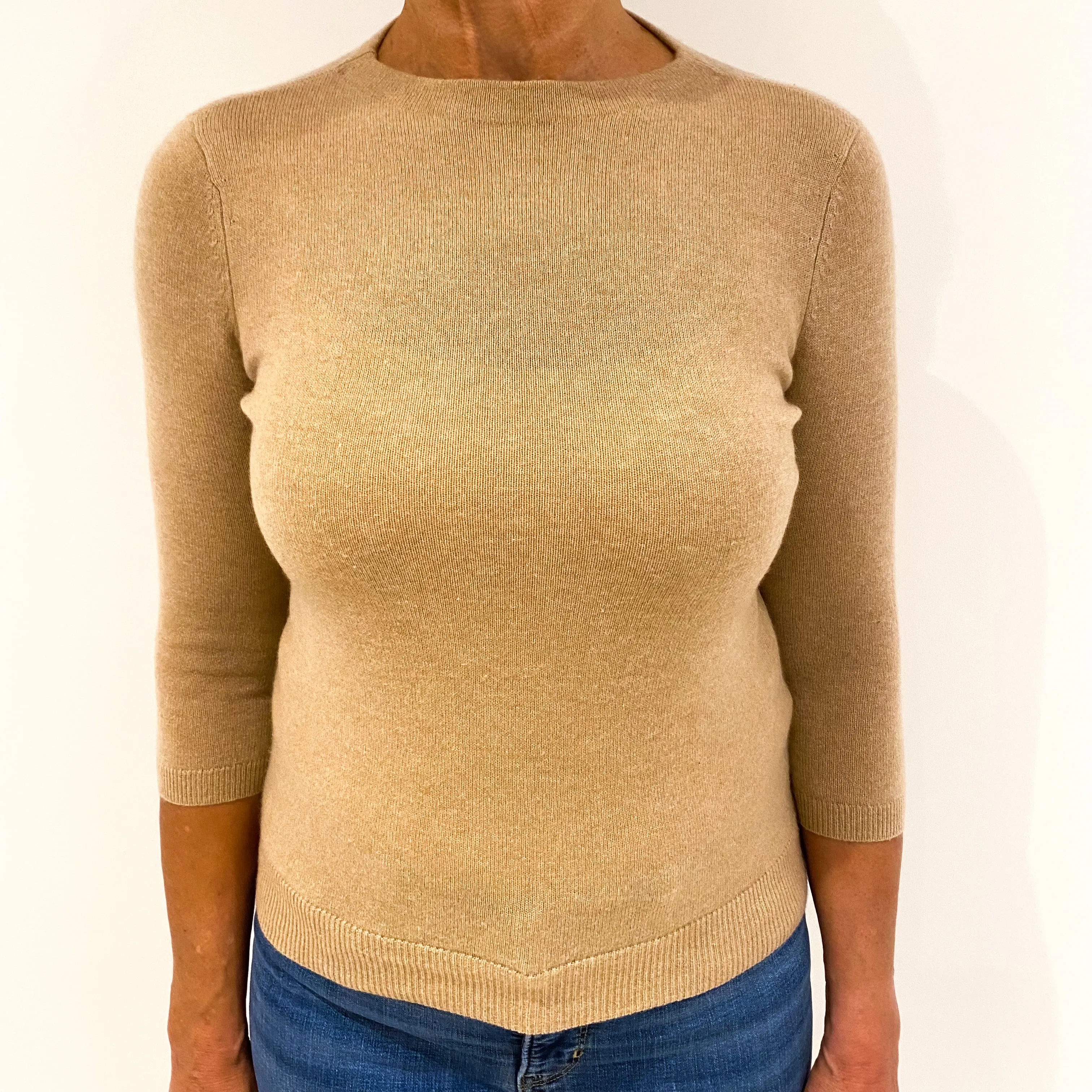 Caramel Brown 3/4 Sleeve Cashmere Crew Neck Jumper Medium