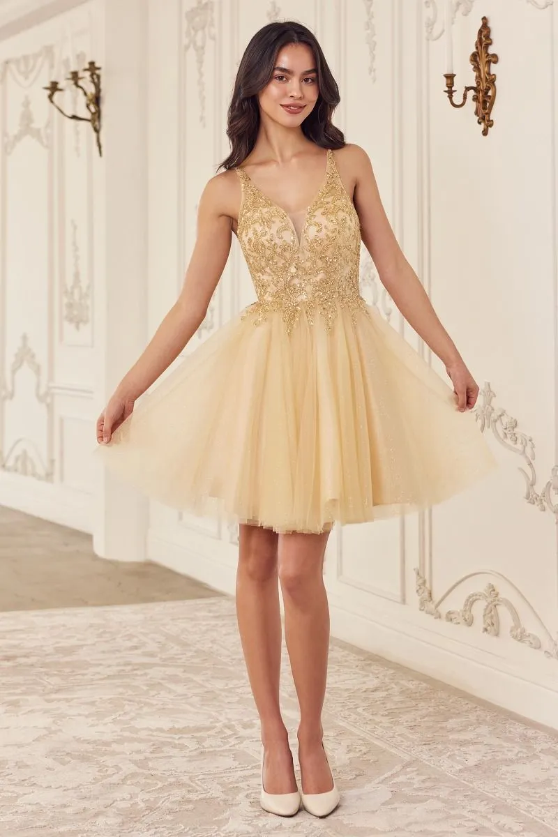 CD CY022 - Layered Glitter Tulle A-Line Homecoming Dress with Bead Embellished V-Neck Bodice & Lace-Up Corset Back