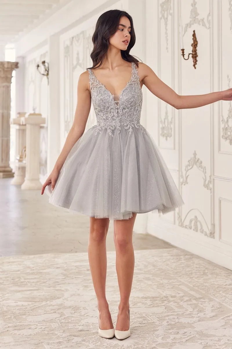 CD CY022 - Layered Glitter Tulle A-Line Homecoming Dress with Bead Embellished V-Neck Bodice & Lace-Up Corset Back