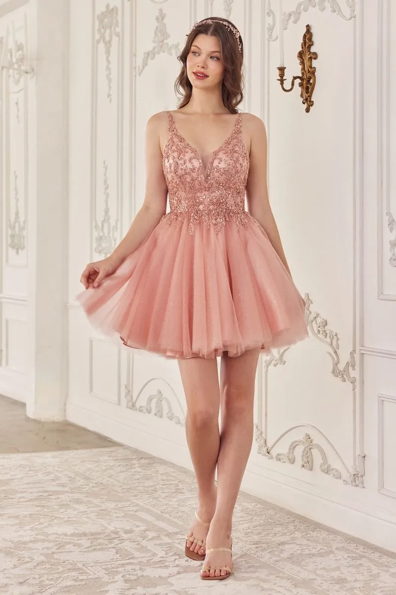 CD CY022 - Layered Glitter Tulle A-Line Homecoming Dress with Bead Embellished V-Neck Bodice & Lace-Up Corset Back