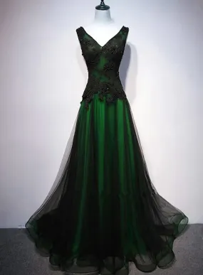 Chaming Black and Green Tulle V-neckline Long Party Dress, V-neckline Prom Dresses