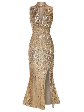 Champagne 1930s Keyhole Sequined Maxi Dress