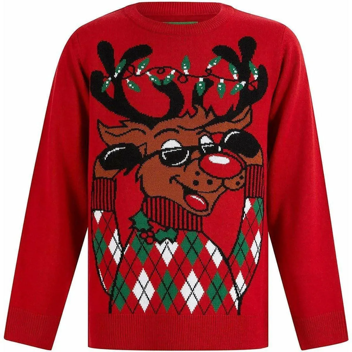 Christmas Argyile Holly Novelty Junior Christmas Jumper - Red