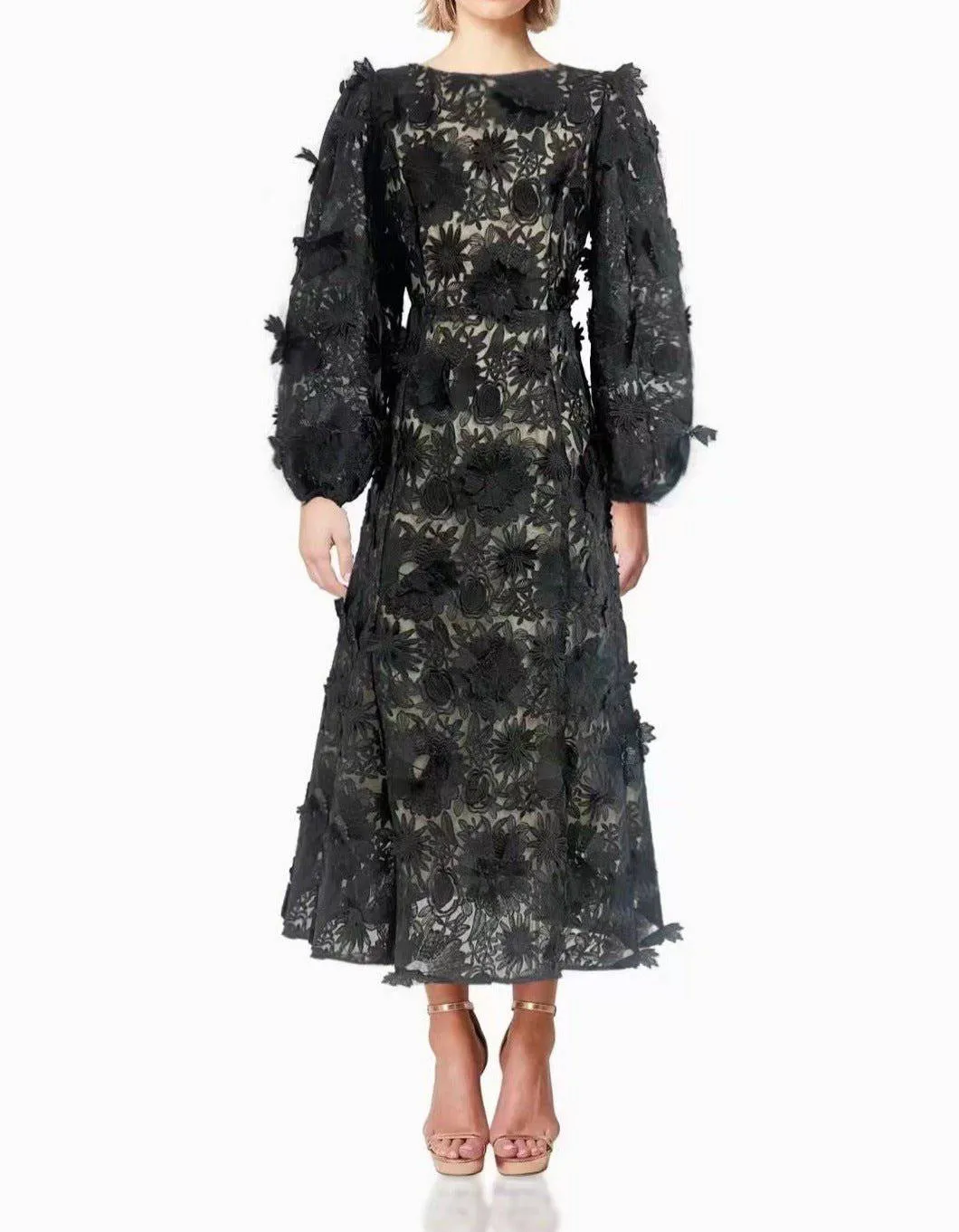 Clara Bishop Sleeve Floral Lace Midi Dress