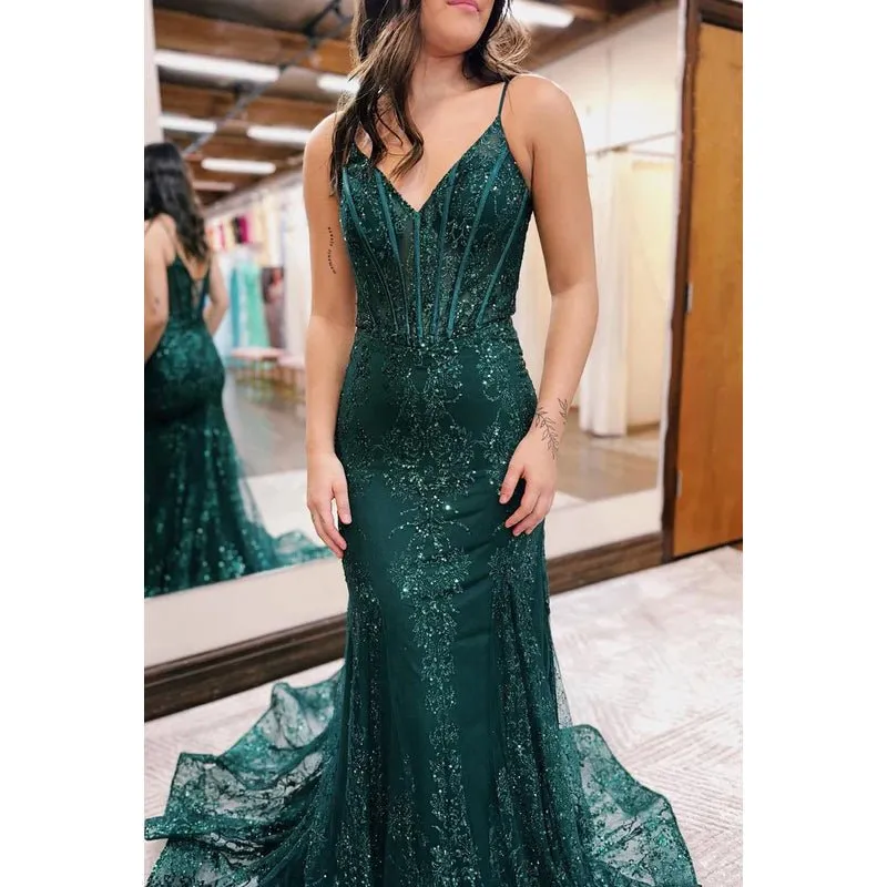 Classic & Timeless Spaghetti Straps V-neck Mermaid Trumpet Sequins Party Prom Dress