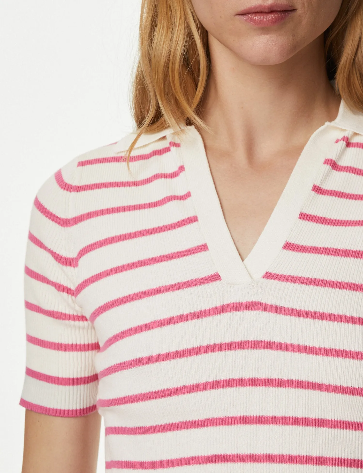 Cotton Rich Striped Collared Knitted Top