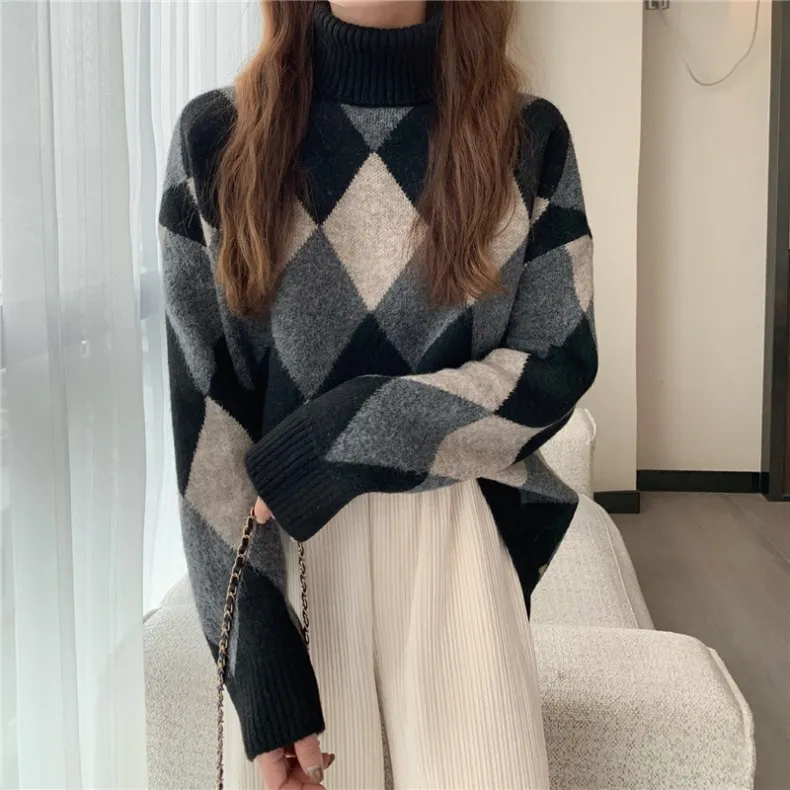 Cozy Up in Style: Trendy Argyle Turtleneck Sweater for the Winter Season!