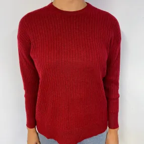 Crimson Red Ribbed Cashmere Crew Neck Jumper Small