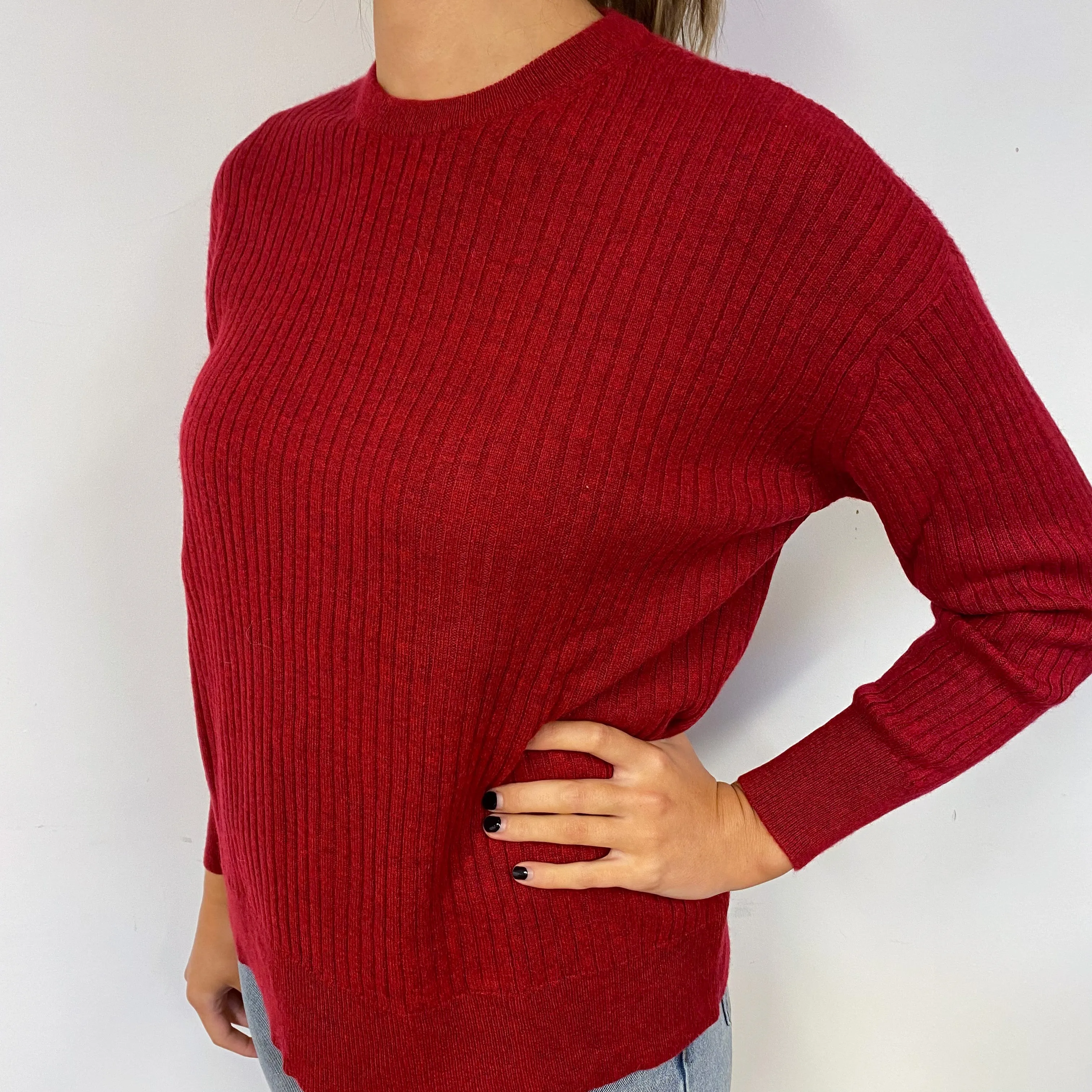 Crimson Red Ribbed Cashmere Crew Neck Jumper Small