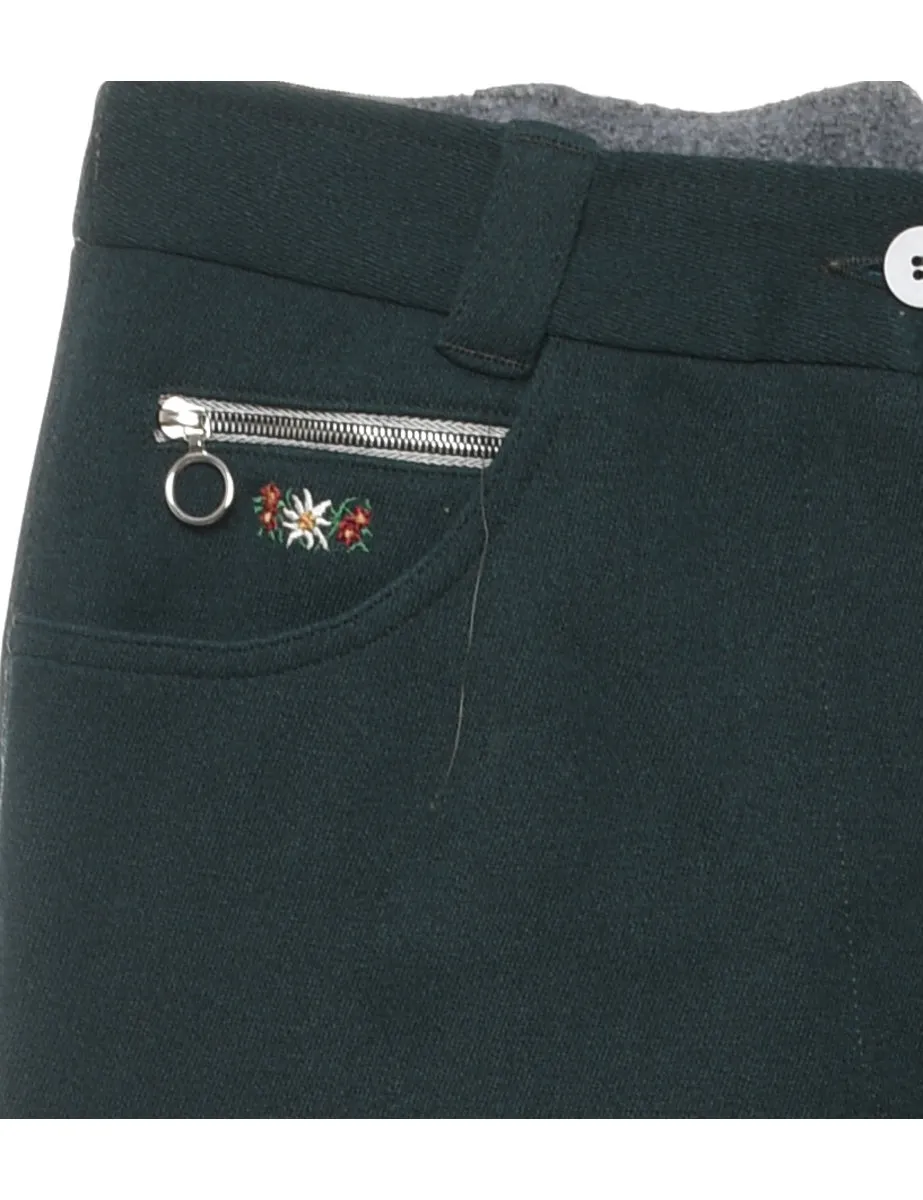 Dark Green Floral Embroidered Stirrup Trousers - W30 L30